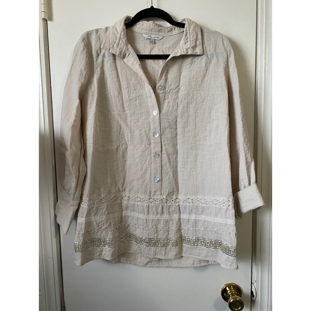JOHN MARK Women's Beige Linen Blend Button Down‎ Shirt with Lace Trim Size S